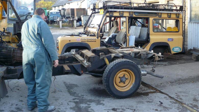 land rover 110 camel trophy land rover which had a crash is having a new chassis fitted 